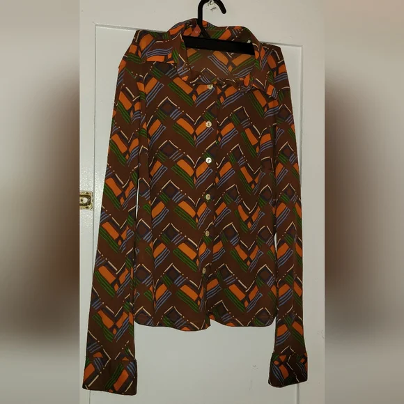 Sisley Italy Geometric Retro Print   Vintage Made In Italy Mesh  Button Shirt - Picture 3 of 10